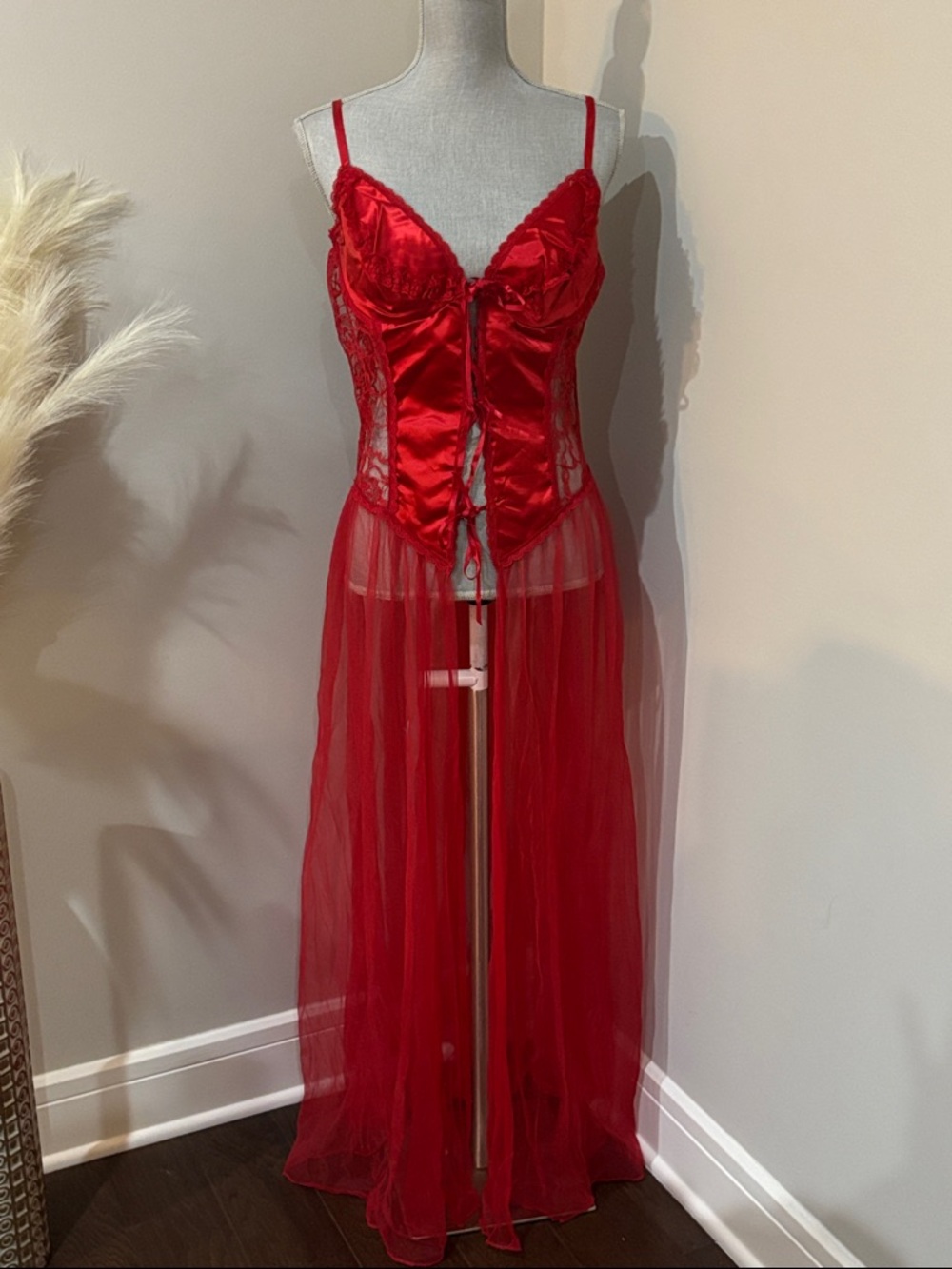 vintage 80s Frederick's of Hollywood red lace and sheer mesh slip dress,